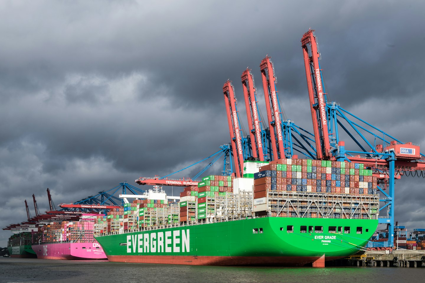 Container ships are serviced by gantry cranes at a busy port.